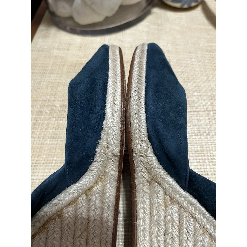 Michael Kors‎ Blue Suede Leather 7.5 Peep Toe Sling Back Wedge Espadrille Heels
